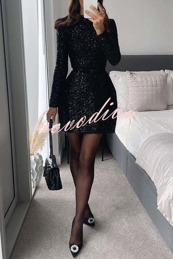 49% zniżki na wyprzedaż✨Edie Sequin High Neck długi rękaw satyn łuk pasy tulipan mini sukienka