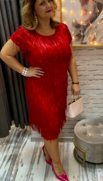 👗Sukienka z okrągłym dekoltem i frędzlami z cekinów