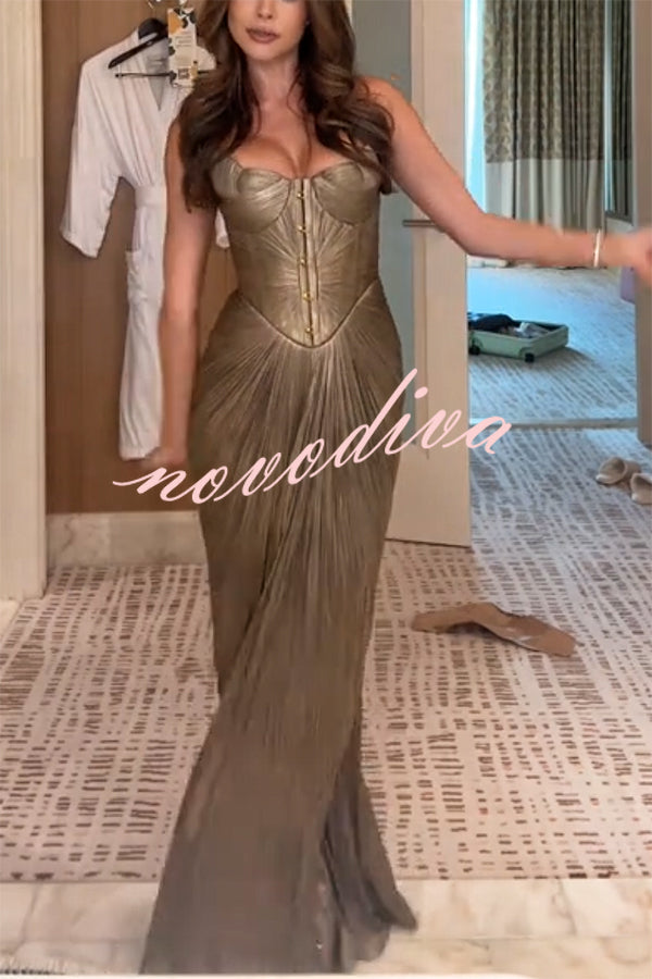 49% zniżki na wyprzedaż✨Vegas królowa metalowe plisowane rzeźbione bodice z powrotem z koronką Drape Maxi sukienka