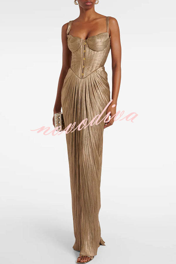 49% zniżki na wyprzedaż✨Vegas królowa metalowe plisowane rzeźbione bodice z powrotem z koronką Drape Maxi sukienka