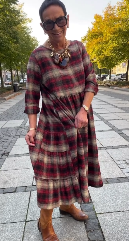 💥🔥👗【S-5XL】Sukienka w kratkę vintage, luźny krój, rękawy 3/4