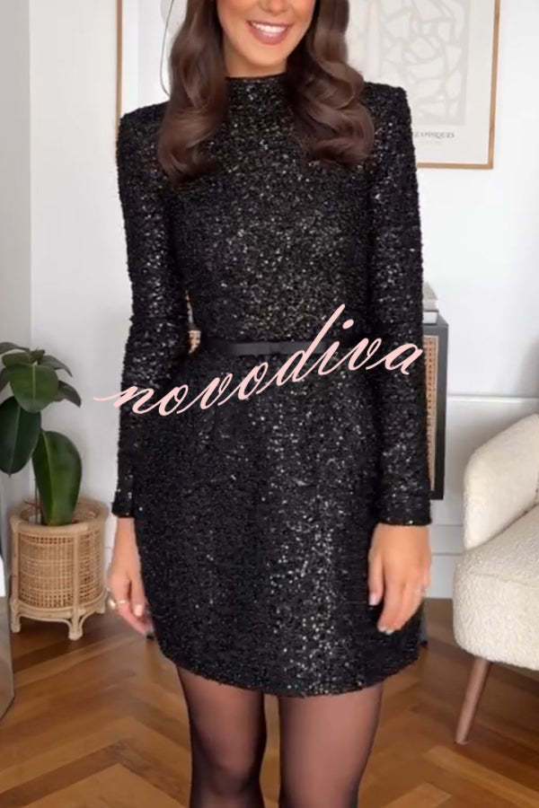 49% zniżki na wyprzedaż✨Edie Sequin High Neck długi rękaw satyn łuk pasy tulipan mini sukienka