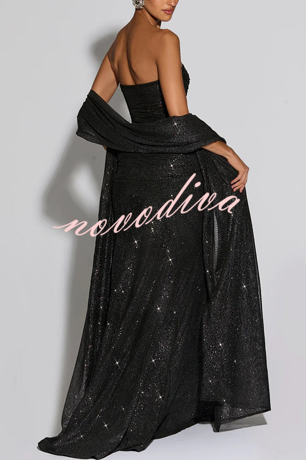 49% zniżki na wyprzedaż✨Paula Sequined siatki i Jersey z ramienia Ruched węzeł zasłona szal Maxi sukienka