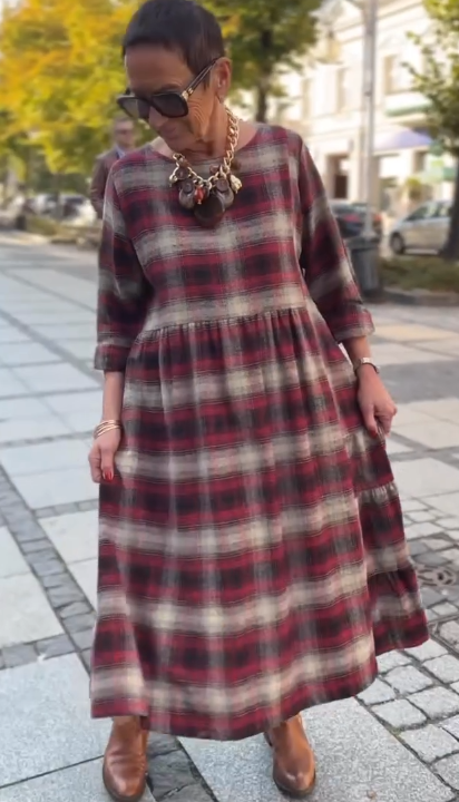 💥🔥👗【S-5XL】Sukienka w kratkę vintage, luźny krój, rękawy 3/4