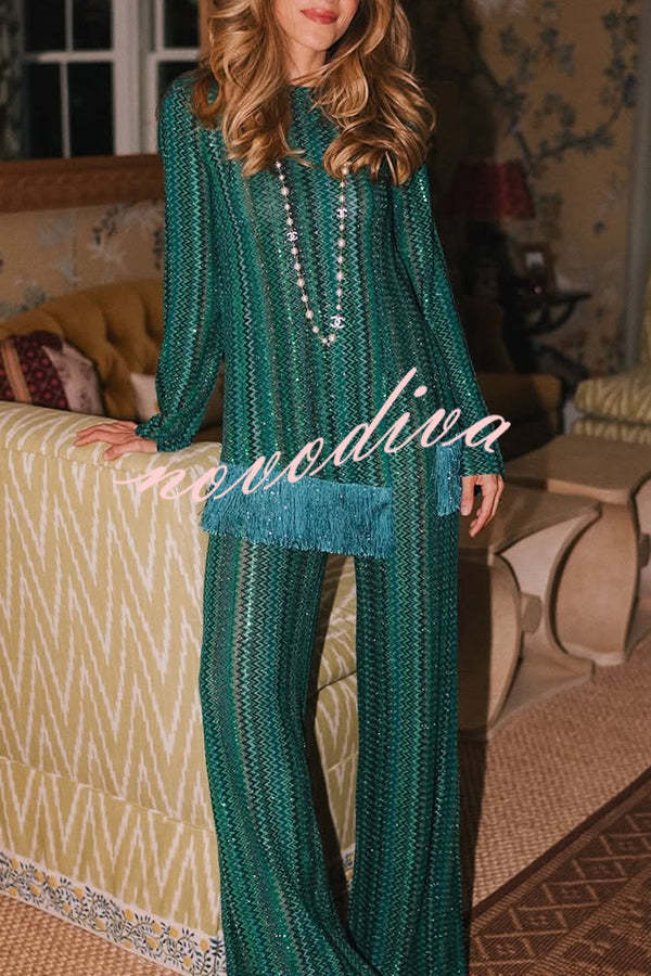 49% zniżki na wyprzedaż✨Relaksujący czas Dzianina Zigzag wzór Tassel Trim szczelina Top i szerokie spodnie nogi Zestaw