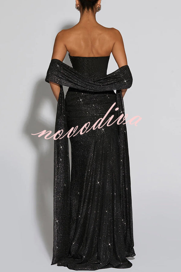 49% zniżki na wyprzedaż✨Paula Sequined siatki i Jersey z ramienia Ruched węzeł zasłona szal Maxi sukienka