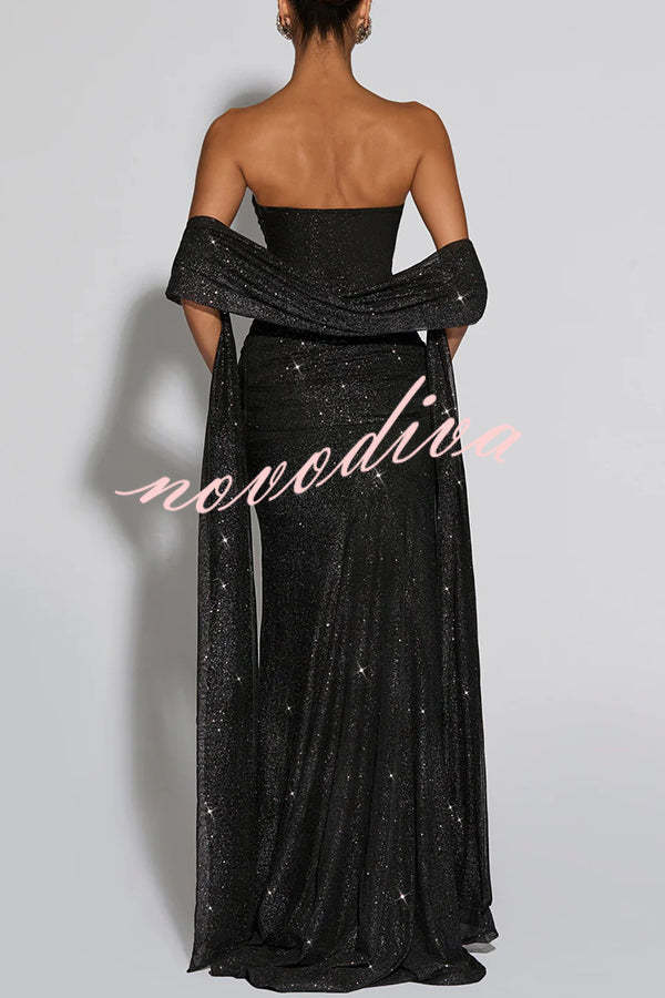 49% zniżki na wyprzedaż✨Paula Sequined siatki i Jersey z ramienia Ruched węzeł zasłona szal Maxi sukienka