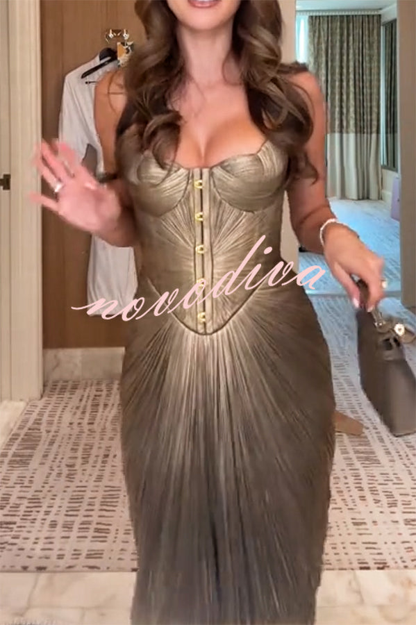 49% zniżki na wyprzedaż✨Vegas królowa metalowe plisowane rzeźbione bodice z powrotem z koronką Drape Maxi sukienka