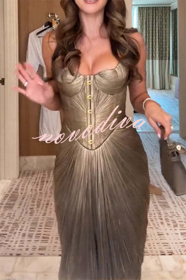 49% zniżki na wyprzedaż✨Vegas królowa metalowe plisowane rzeźbione bodice z powrotem z koronką Drape Maxi sukienka
