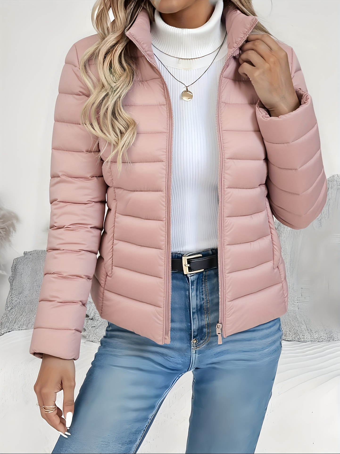 Eleganckie damskie kurtki zimowe - lekki płaszcz ze stójką