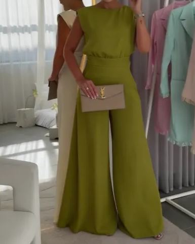 Jednokolorowy kombinezon na co dzień z okrągłym dekoltem i bezrękawnikiem