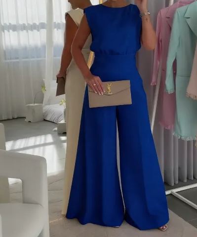 Jednokolorowy kombinezon na co dzień z okrągłym dekoltem i bezrękawnikiem