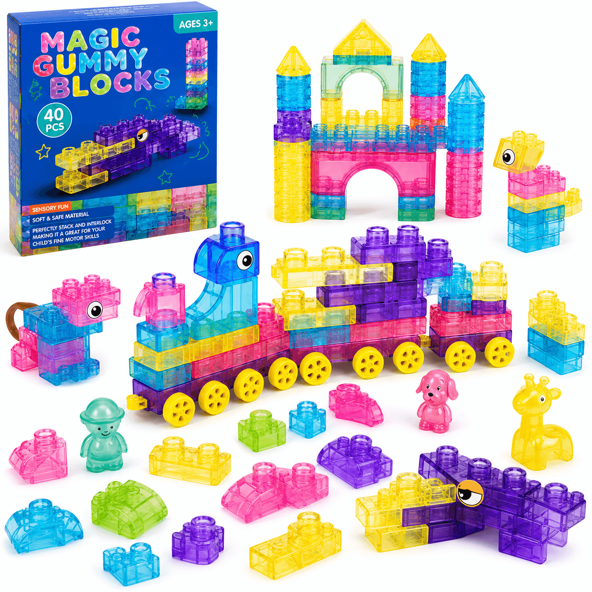 Soft jelly building blocks 40 piece colorful sensory play set with storage box