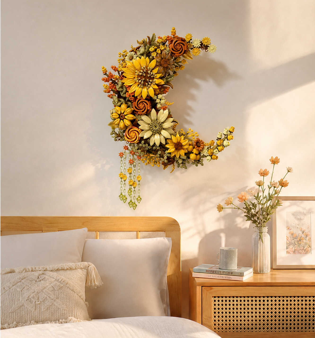 Detalles del set de construcción de flor dorada con pétalos ajustables borla colgante y orificios para pared