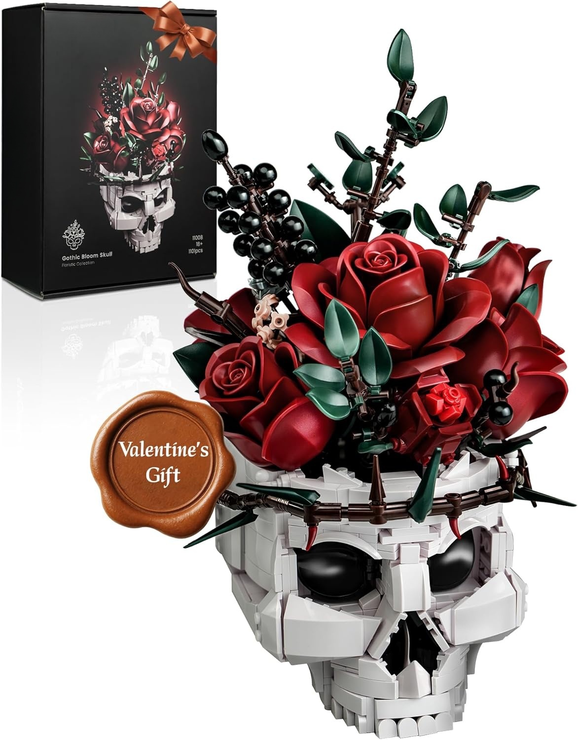 Gothic Skull Red Rose Bouquet Building Block Set