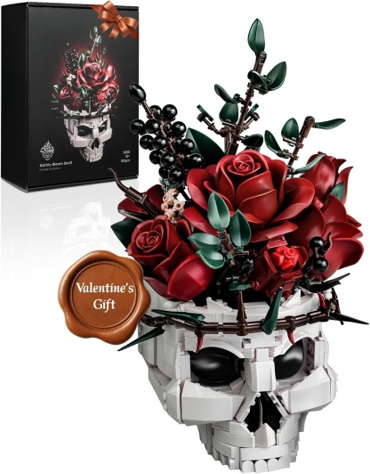 Gothic Skull Red Rose Bouquet Building Block Set