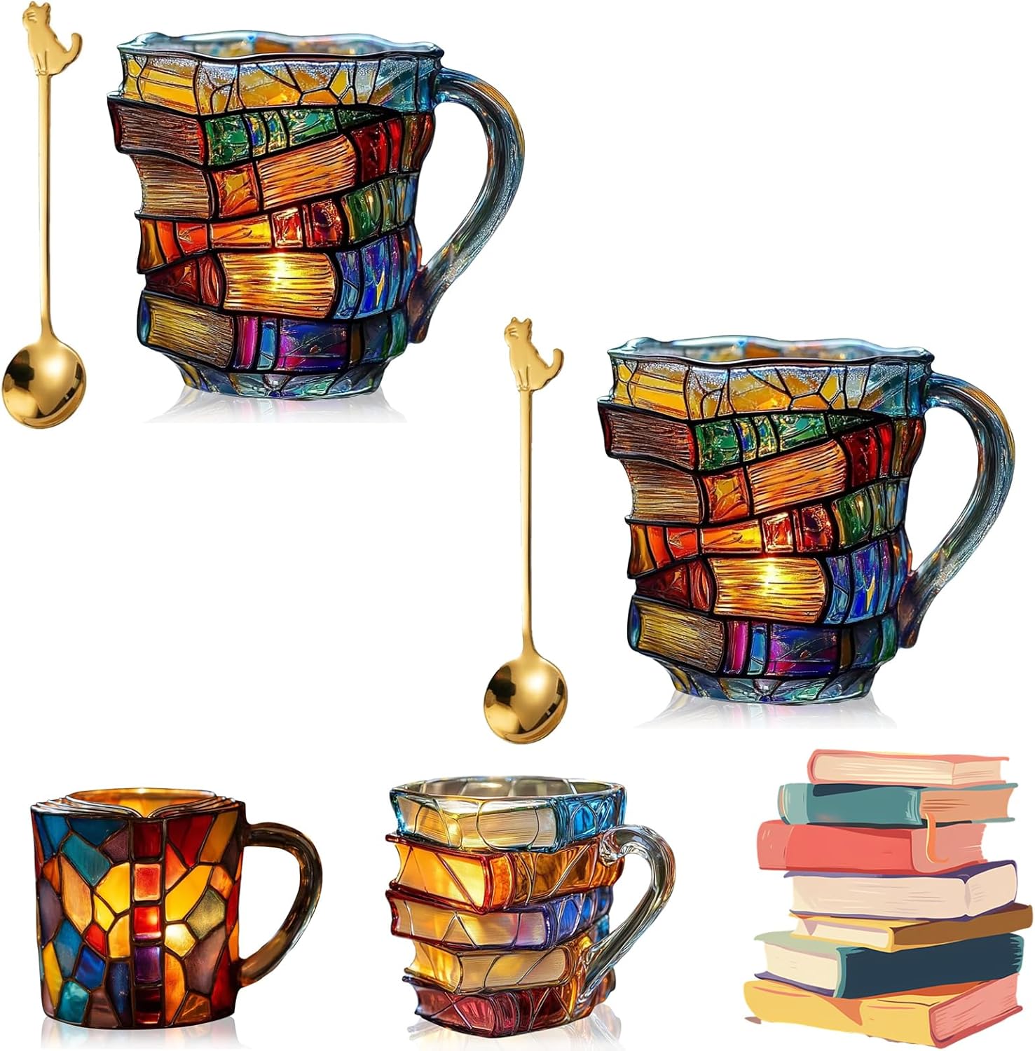 Painted Book Mug,3D Book Stack Coffee Mugs,Unique Design Library Coffee Mug, Add a Wonderful Literary Flair to Your Beverage, Collection Gifts for Literature Lovers (A-1PCS)-北京欧布科技有限公司