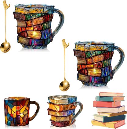 Painted Book Mug,3D Book Stack Coffee Mugs,Unique Design Library Coffee Mug, Add a Wonderful Literary Flair to Your Beverage, Collection Gifts for Literature Lovers (A-1PCS)-北京欧布科技有限公司