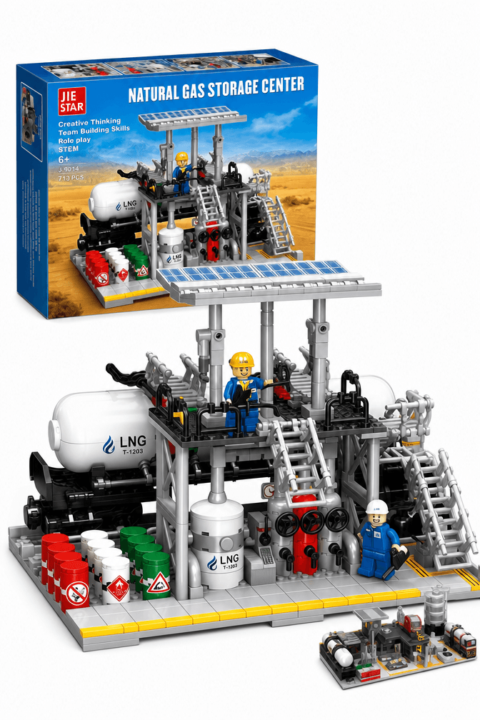 Natural gas storage center building set showing LNG tank, worker figures, solar canopy and industrial city display details