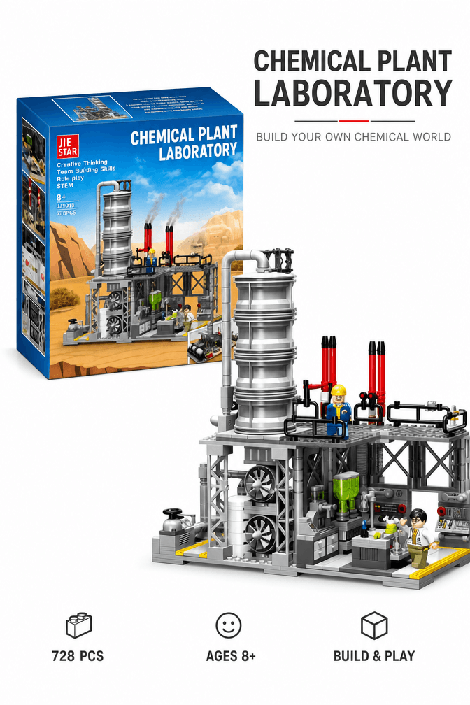 Chemical plant laboratory building set with tall tower, pipework, platforms and packaging box