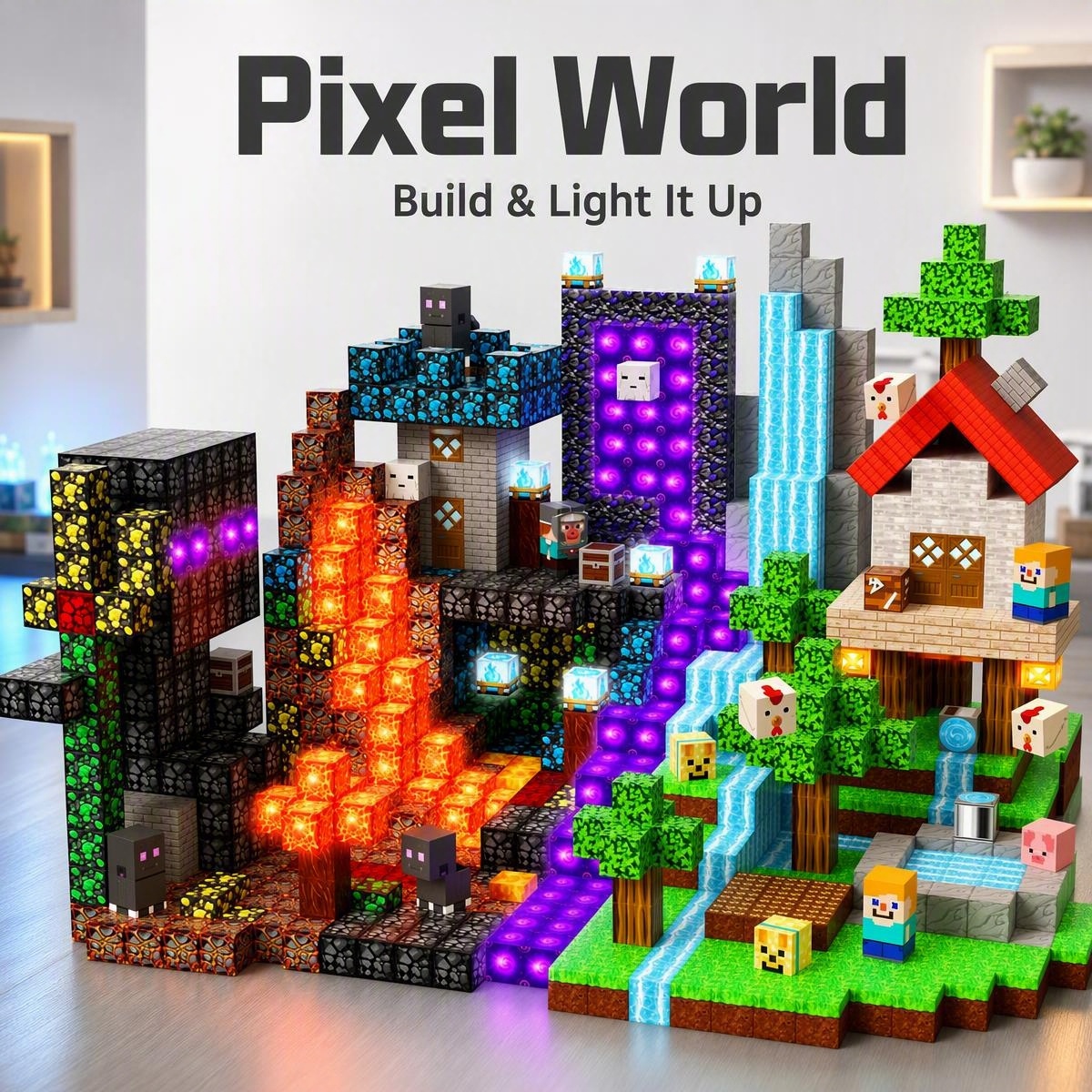 Colorful 3D creation made from the 200-piece light-up magnetic blocks set