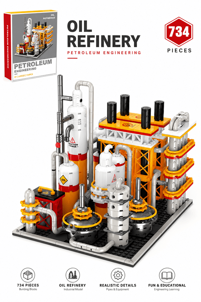 Modular oil refinery building block set with storage tanks refining towers pipework and packaging box