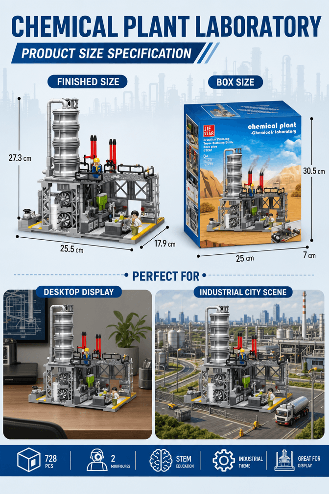 Chemical plant laboratory building set size chart showing 25.5 x 17.9 x 27.3 cm model and 25 x 30.5 x 7 cm box