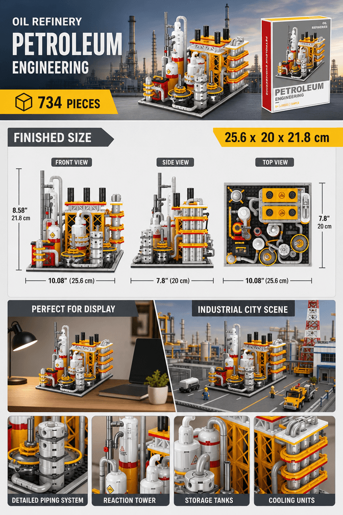 Oil refinery building block set size chart showing approximate finished dimensions of 25.6 x 20 x 21.8 cm