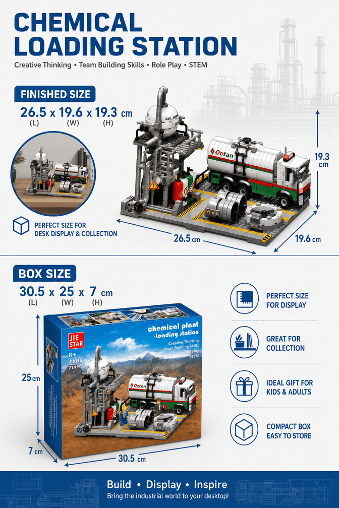 Chemical loading station building set size chart showing 26.5 x 19.6 x 19.3 cm model and 30.5 x 25 x 7 cm box