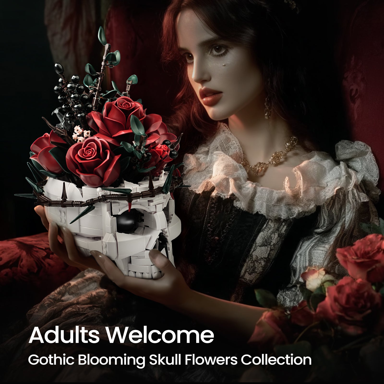 Gothic Skull Red Rose Bouquet Building Block Set