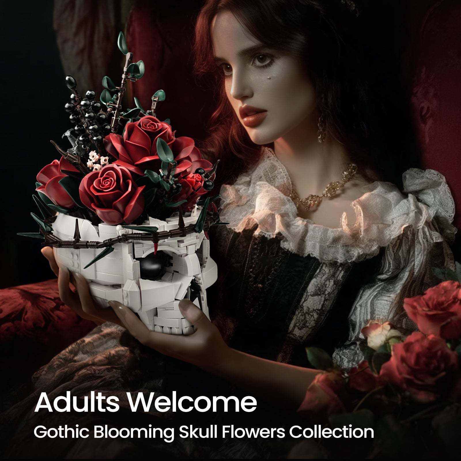 Gothic Skull Red Rose Bouquet Building Block Set