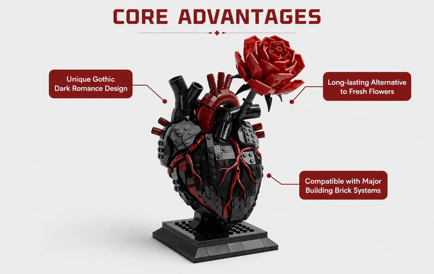 Gothic Flaming Heart Rose Building Set | Dark Romantic Brick Gift