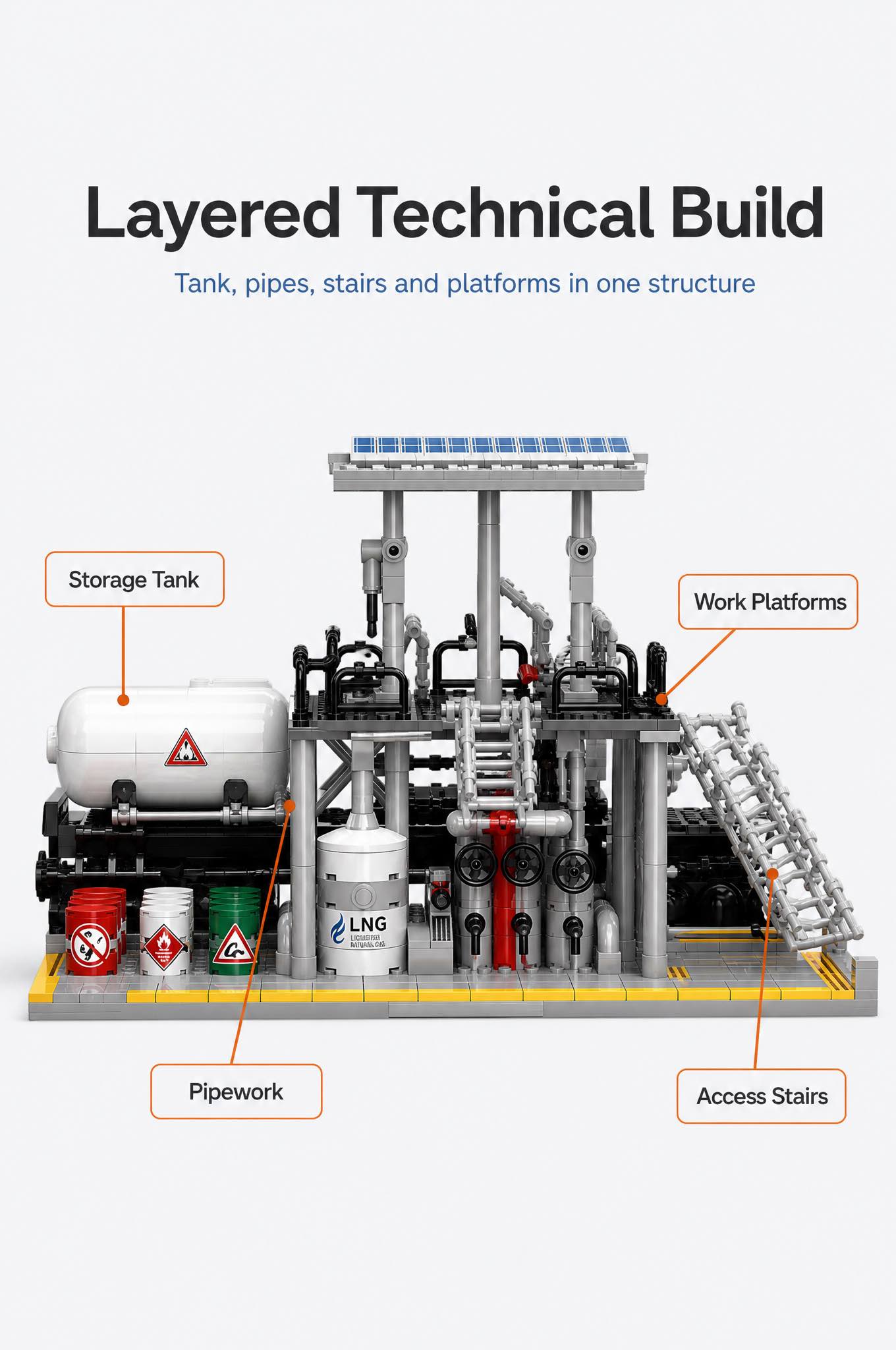 Natural gas storage center model showing its tank, pipework, stairs and platform structure