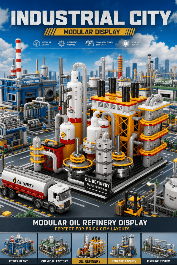 Modular oil refinery building set displayed in an industrial brick city scene