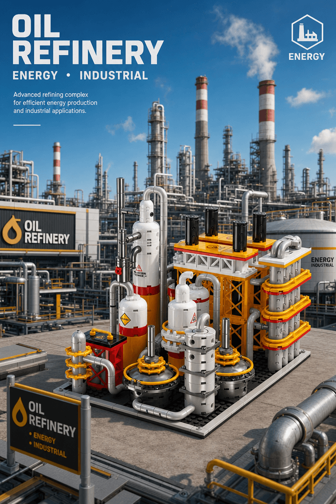 Close-up of refinery storage tanks, reactor-style vessels and platform details