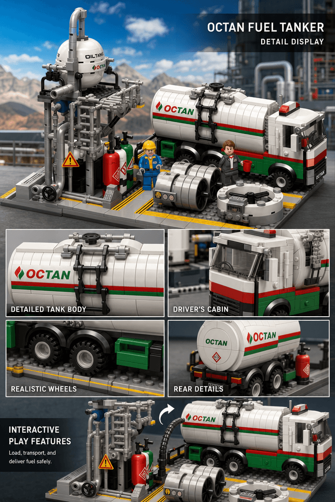 Storage tank, pipework, tanker truck and safety details on the chemical loading station building set