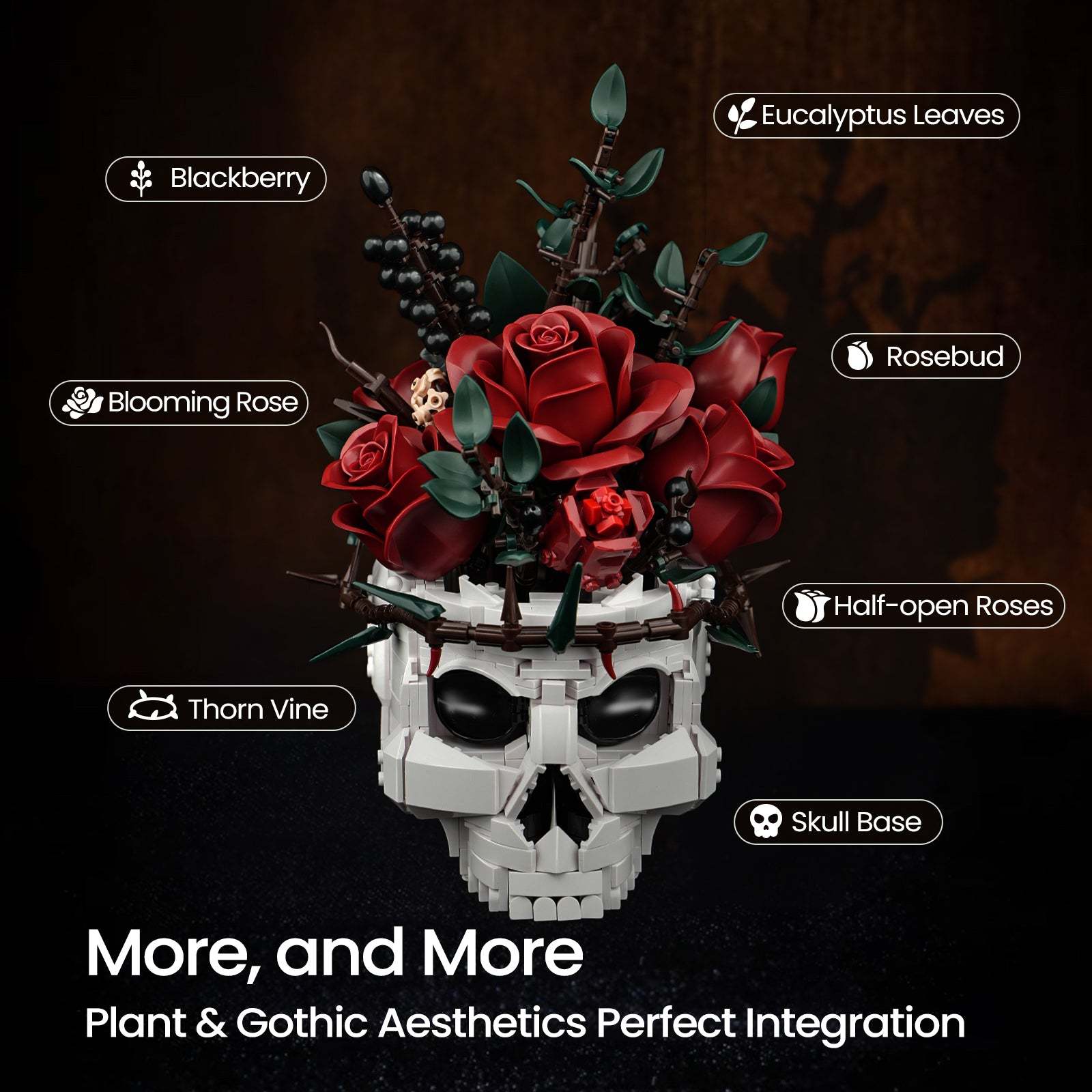 Gothic Skull Red Rose Bouquet Building Block Set