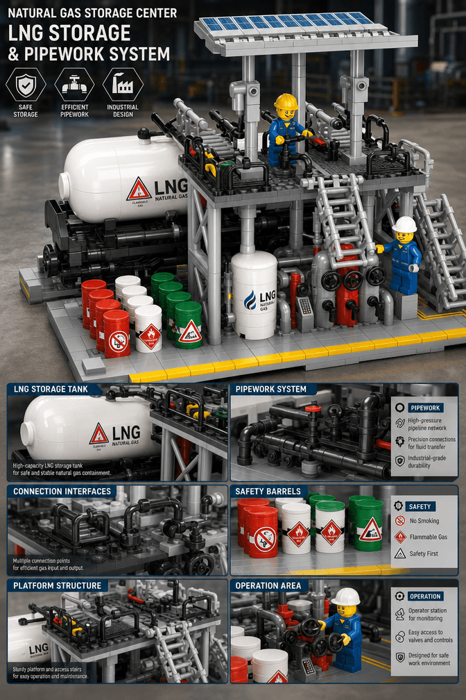 Natural gas storage center building set with LNG tank, pipework, solar canopy, worker figures and packaging box