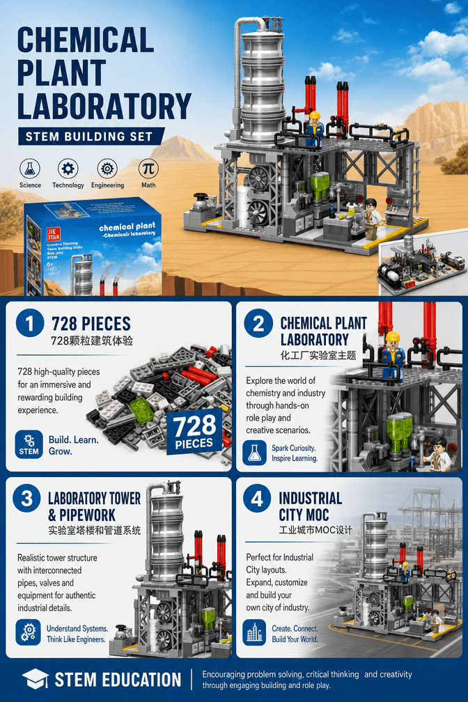 Close-up details of the chemical plant laboratory building set with tower, pipes, platform and lab accessories