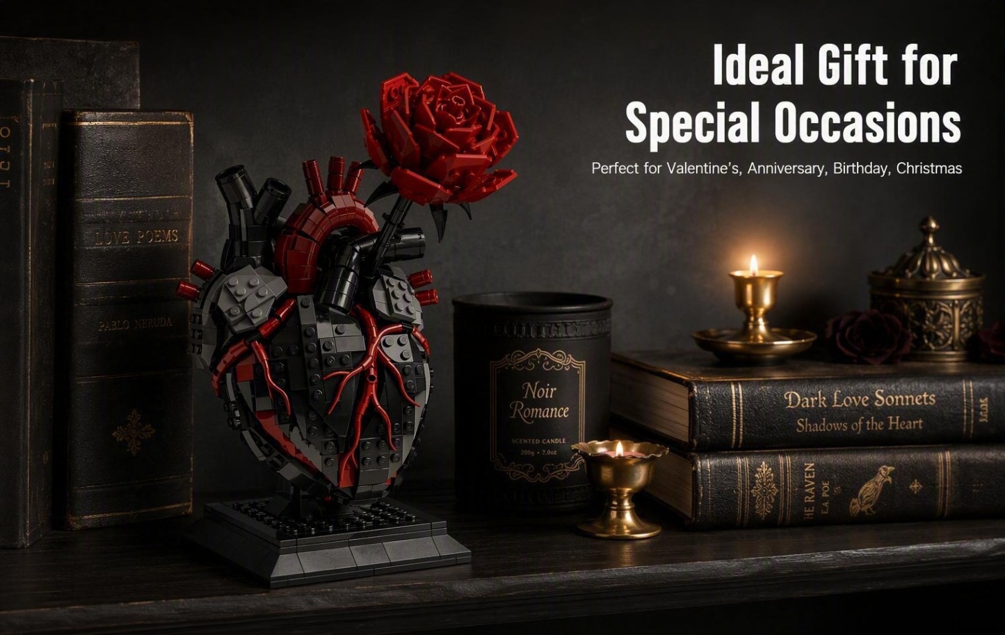 Gothic Flaming Heart Rose Building Set | Dark Romantic Brick Gift