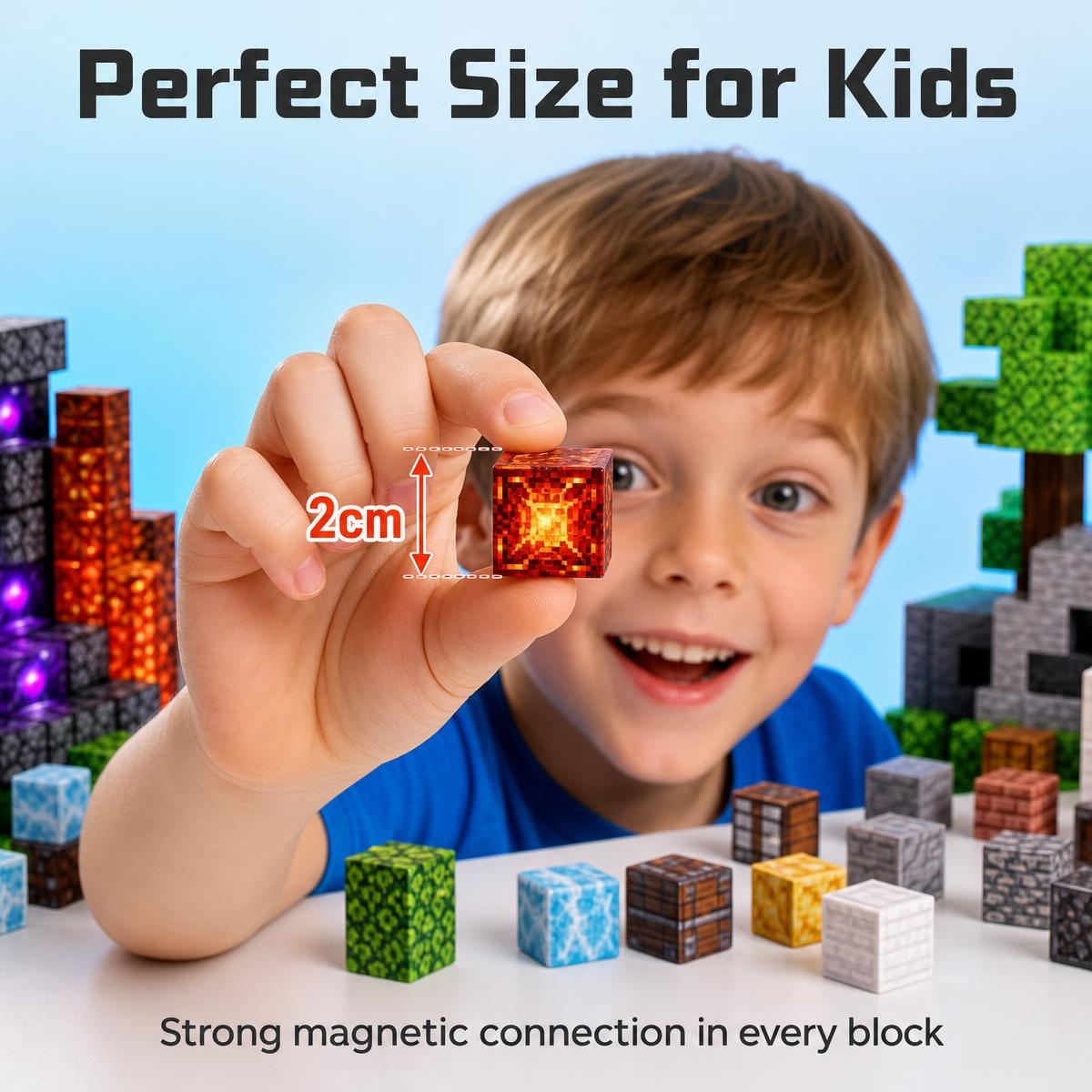 Product detail image showing light-up magnetic cubes and their LED effects