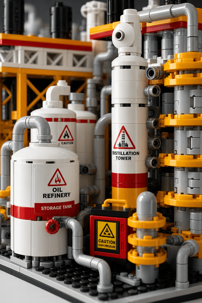 Oil refinery building block set with towers pipes stacked columns and industrial support frame details