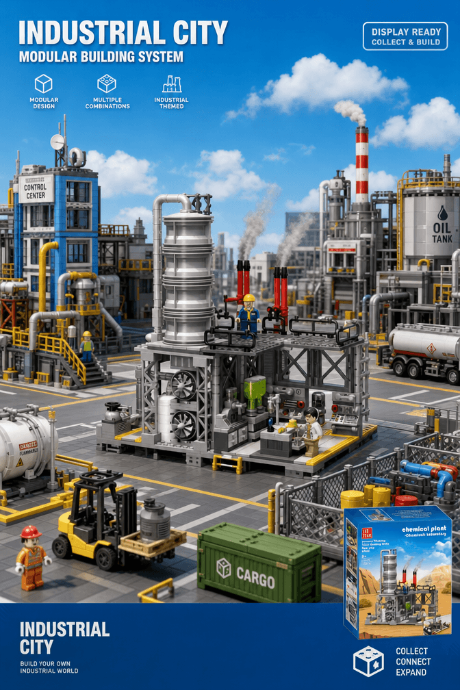 Chemical plant laboratory building set displayed as a STEM-inspired industrial city MOC model