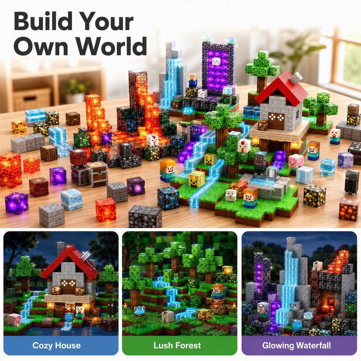 Magnetic building cube set showing pieces and creative scene examples