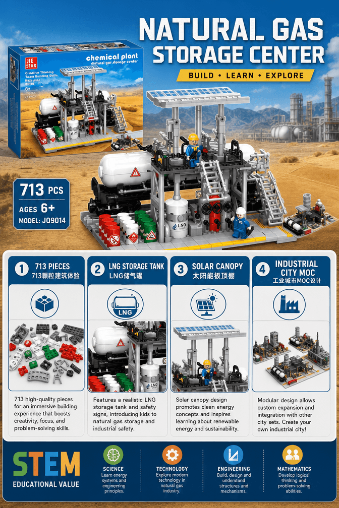 LNG storage tank, pipework, stairs, solar canopy and safety barrels on the natural gas storage center building set