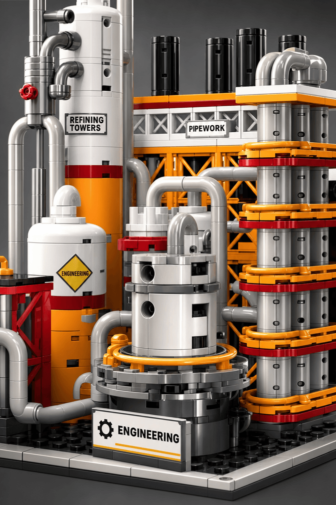 Layered industrial platforms and pipework on the modular oil refinery building set