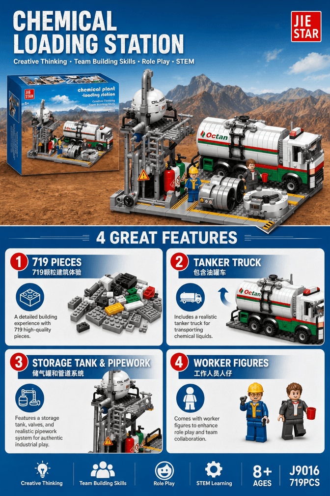 Chemical loading station building set with tanker truck, storage tank, pipework and packaging box