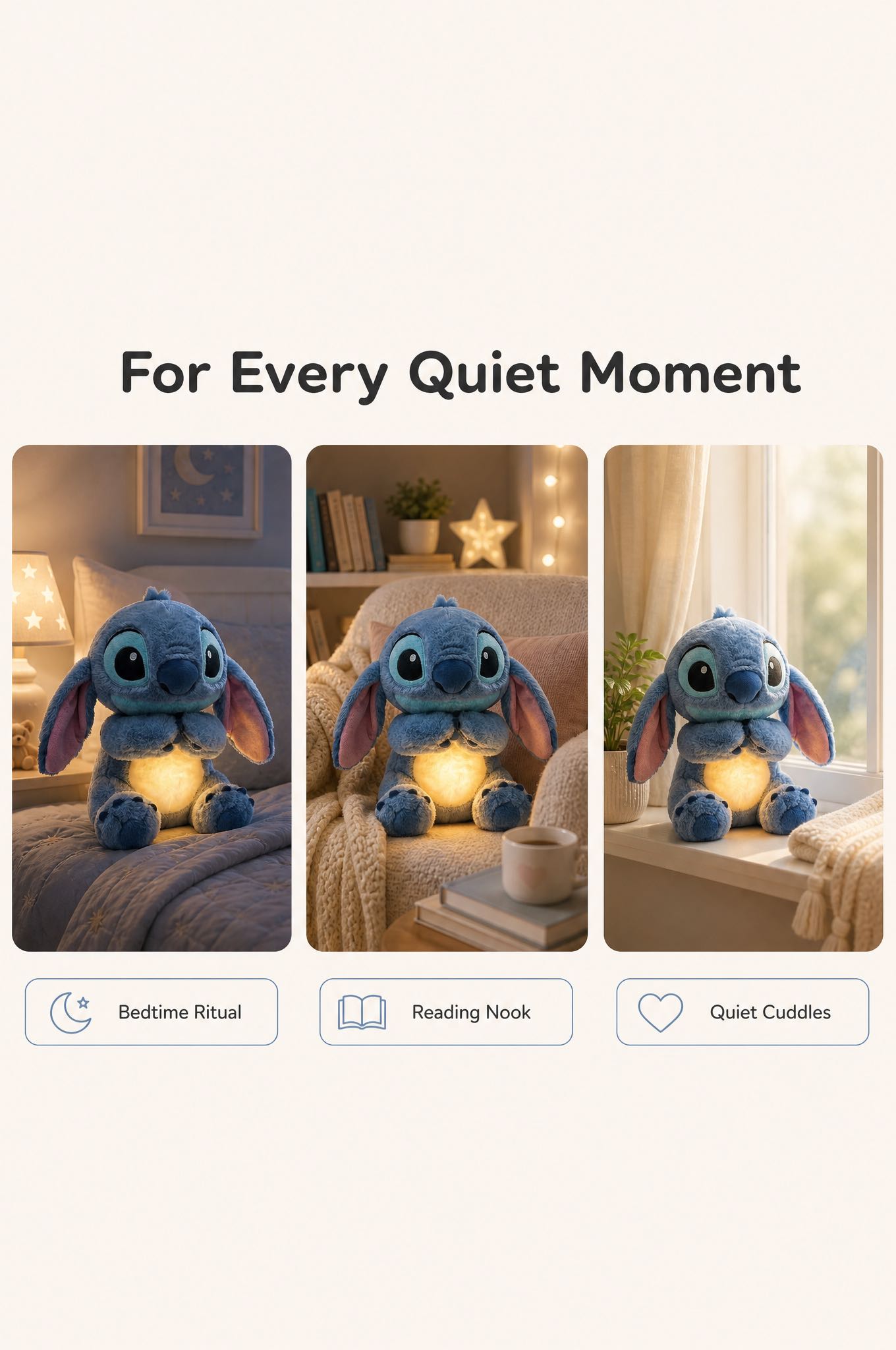 Breathing Stitch plush placed in a quiet room setting for everyday use