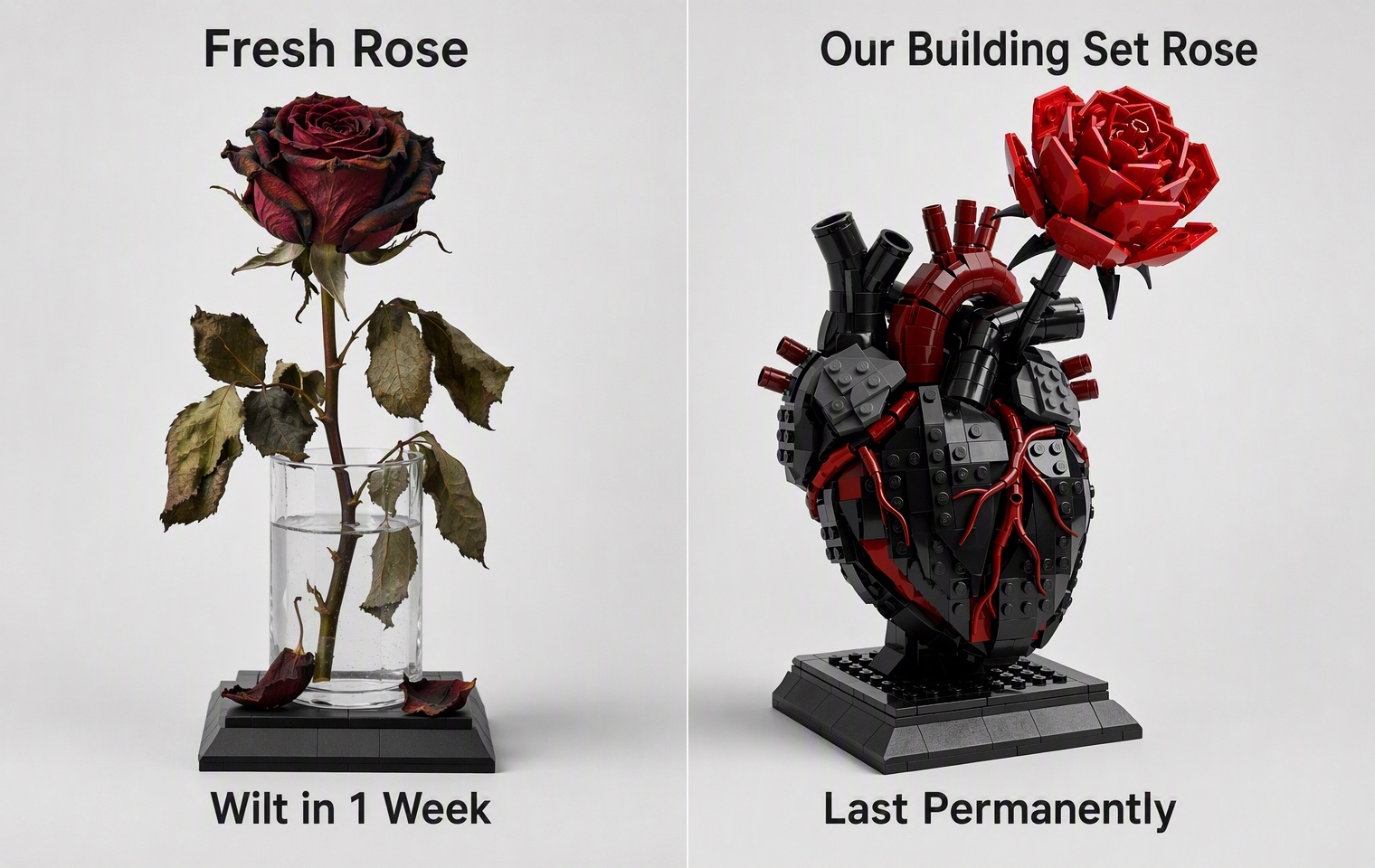 Gothic Flaming Heart Rose Building Set | Dark Romantic Brick Gift
