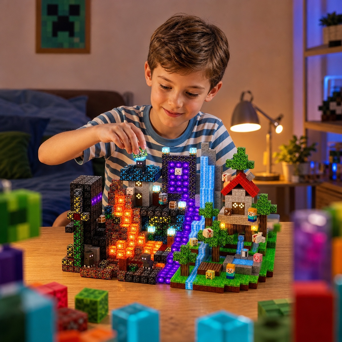 Parts overview for the 200-piece light-up magnetic building blocks set
